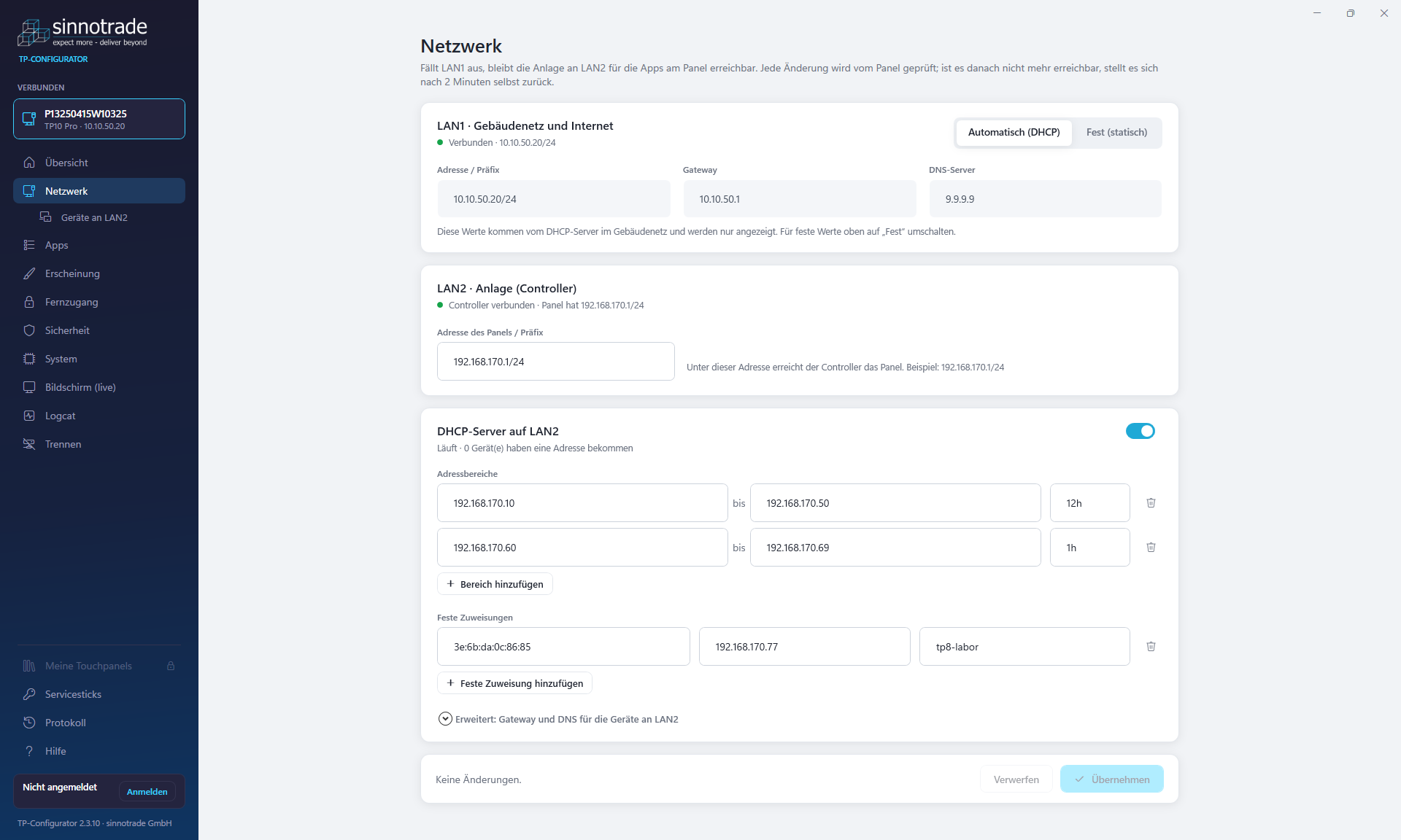 TP-Configurator: Netzwerk, LAN1 und LAN2