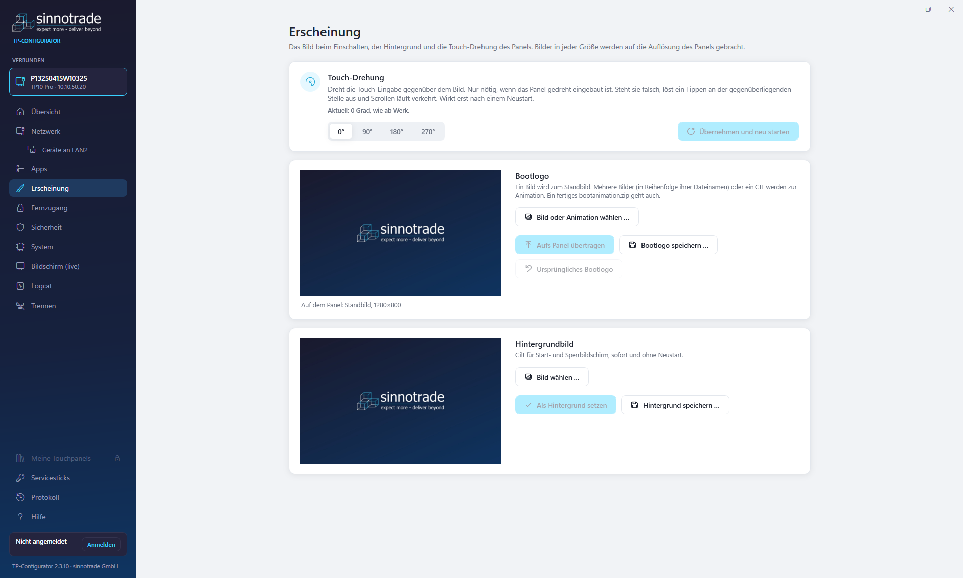 TP-Configurator: Erscheinung: Bootlogo, Hintergrund, Touch-Drehung