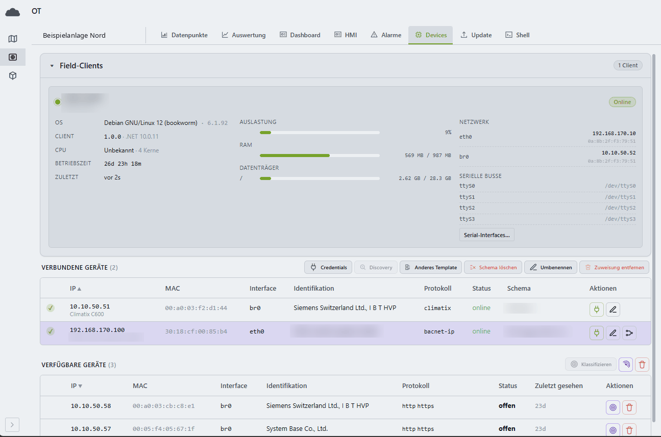 HVACloud: Das Panel als Edge-Client: Betriebssystem, Auslastung, serielle Busse und verbundene Regler