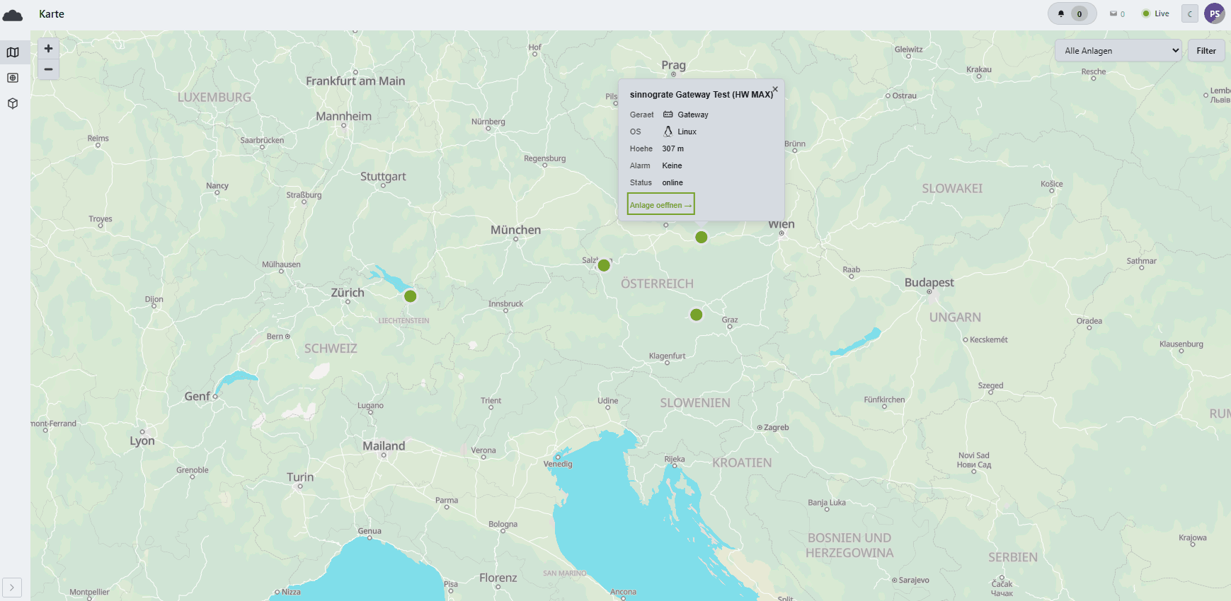 HVACloud: Die Karte: Anlagen als Punkte, eine geöffnet mit Gerät und Alarmzustand