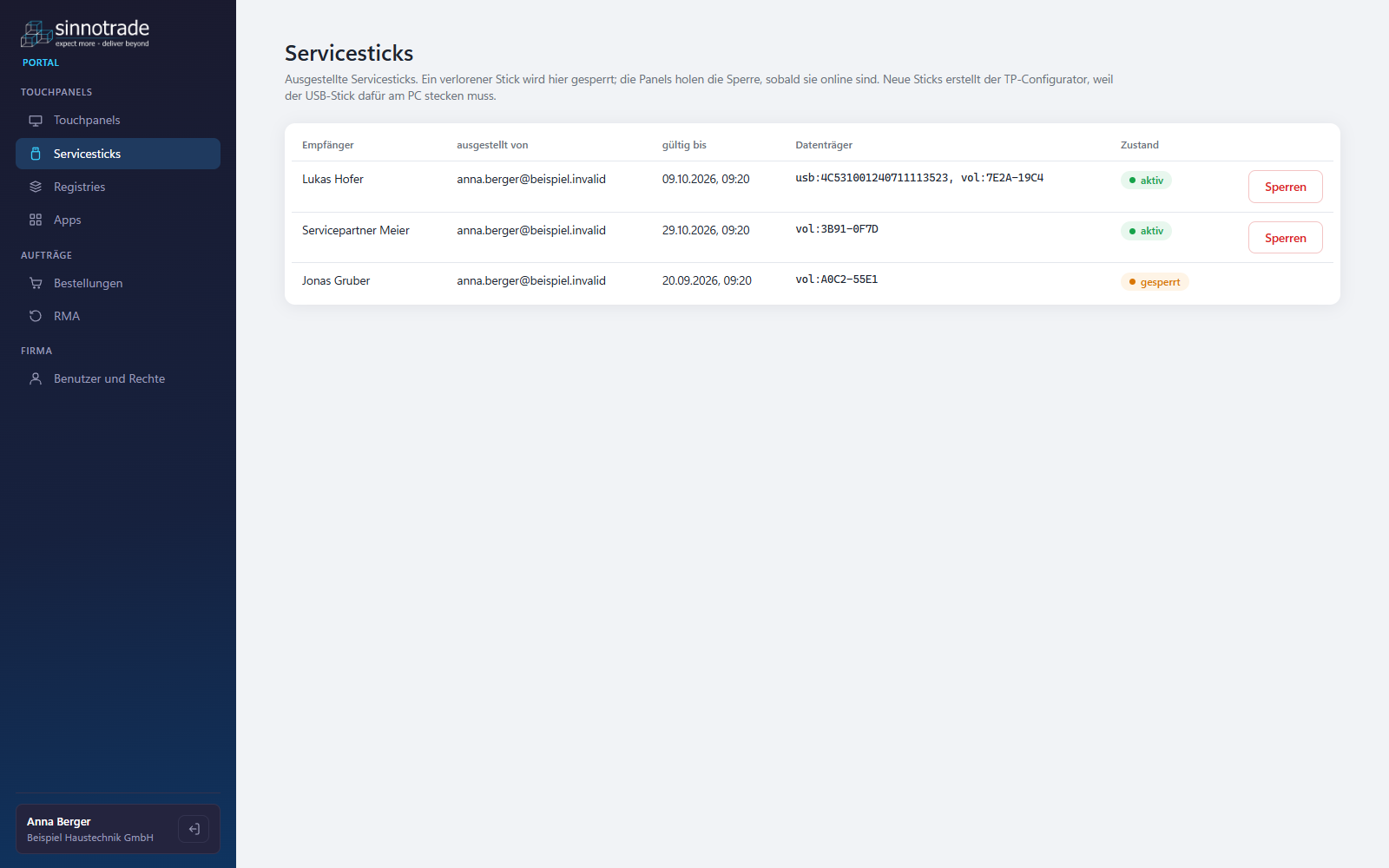 Kundenportal: Servicesticks
